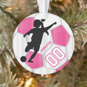 Hot Pink and White Personalize Girl Soccer Player Ornament