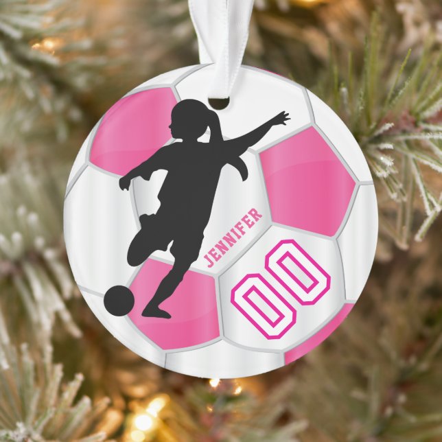 Hot Pink and White Personalize Girl Soccer Player Ornament (Tree)