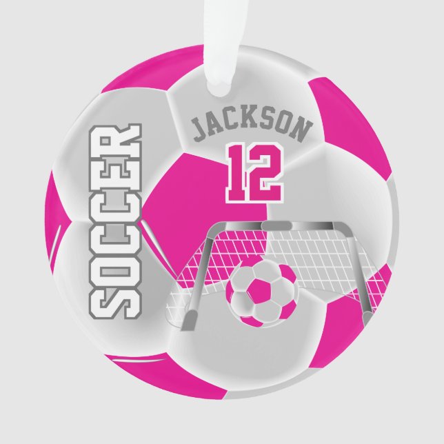 Hot Pink and White Personalize Soccer Ball Ornament (Front)