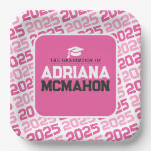 Hot Pink and White Personalized Graduation Paper Plate