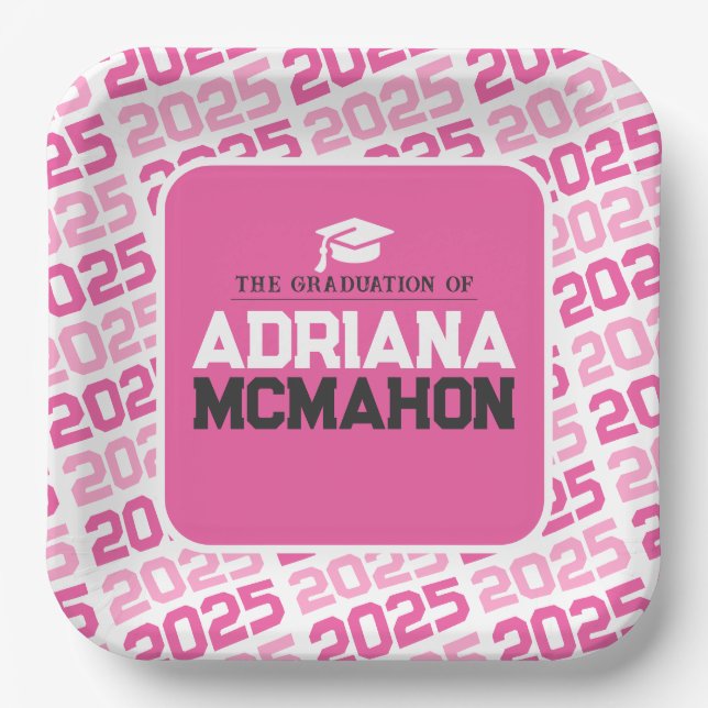 Hot Pink and White Personalized Graduation Paper Plate (Front)