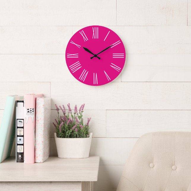 Hot Pink and White Roman Numerals Large Clock (Reading Room)