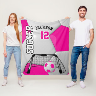 Hot Pink and White Soccer Ball with DIY Text Fleece Blanket