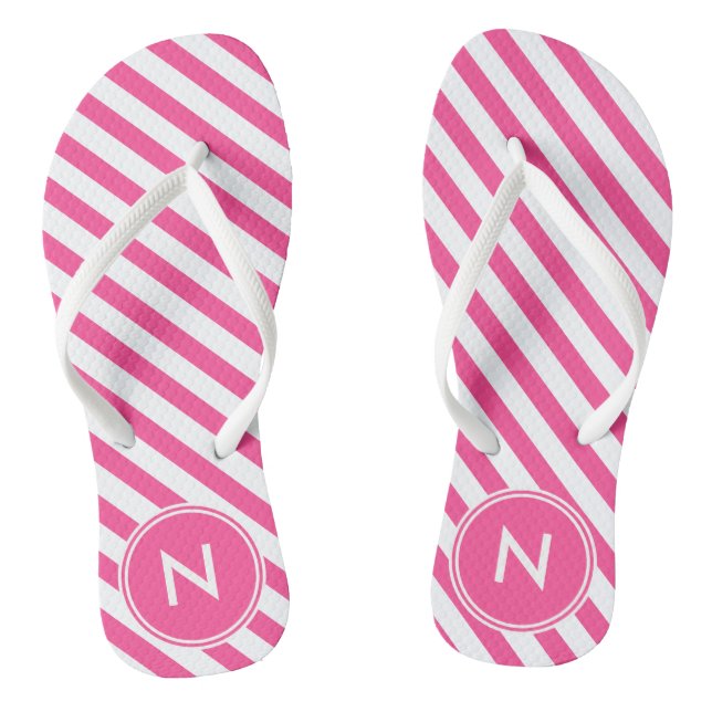 Hot Pink and White Striped and Monogrammed  Flip Flops (Footbed)