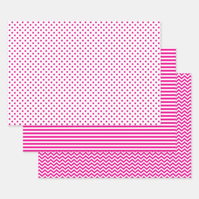 Hot Pink and White Stripes Chevron Polka Dots Wrapping Paper Sheet (Set)