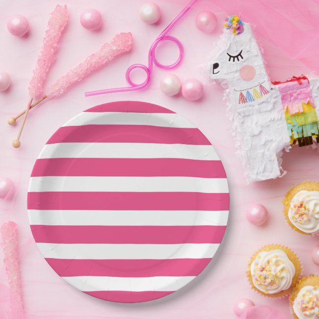 Hot Pink and White Stripes Paper Plate (Party)