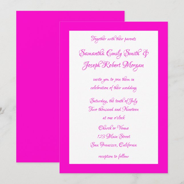 Hot Pink and White Wedding Invitation (Front/Back)