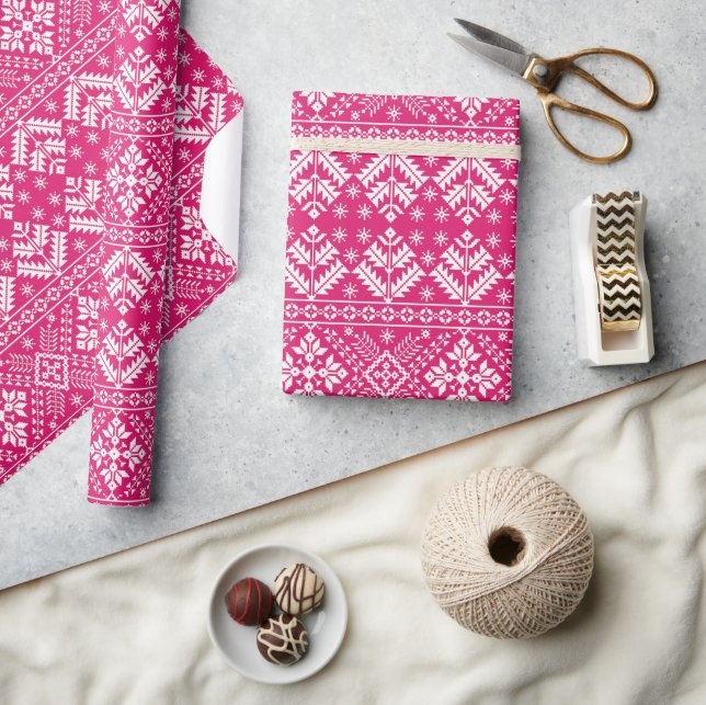 Hot Pink and White Winter Fair Isle Christmas Wrapping Paper (Crafts)