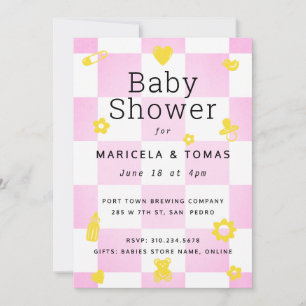 Hot Pink and Yellow Chequered Baby Shower Invitation