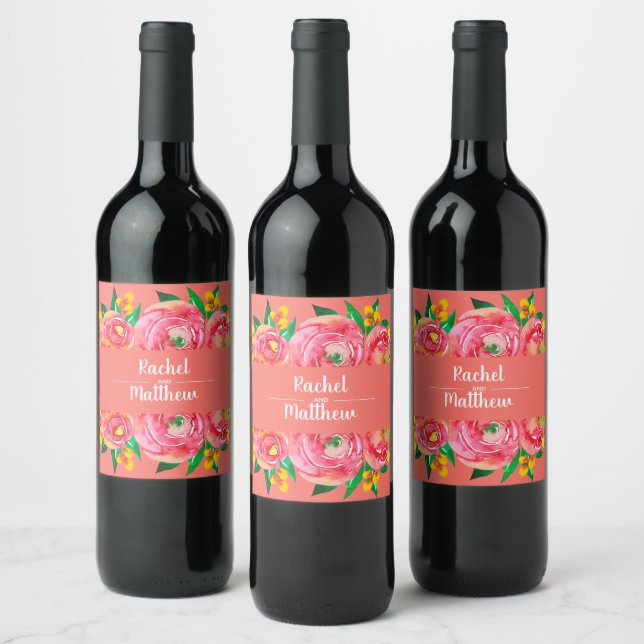 Hot Pink and Yellow Floral Watercolor Wine Label (Bottles)