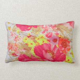 Hot pink and yellow florals pillow. lumbar pillow
