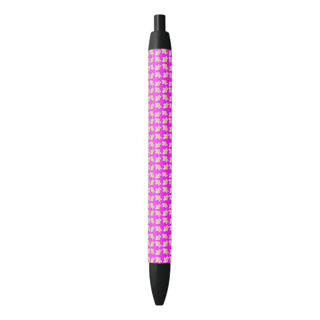 Hot Pink And Yellow Frangipani Pattern, Blue Ink Pen (Front Vertical)
