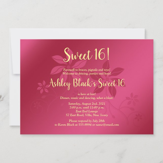 Hot Pink and Yellow Sweet 16 Birthday Invitation (Front)