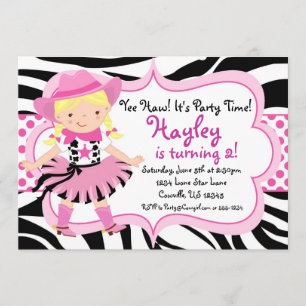 Hot Pink and Zebra Print Cowgirl Birthday Party Invitation