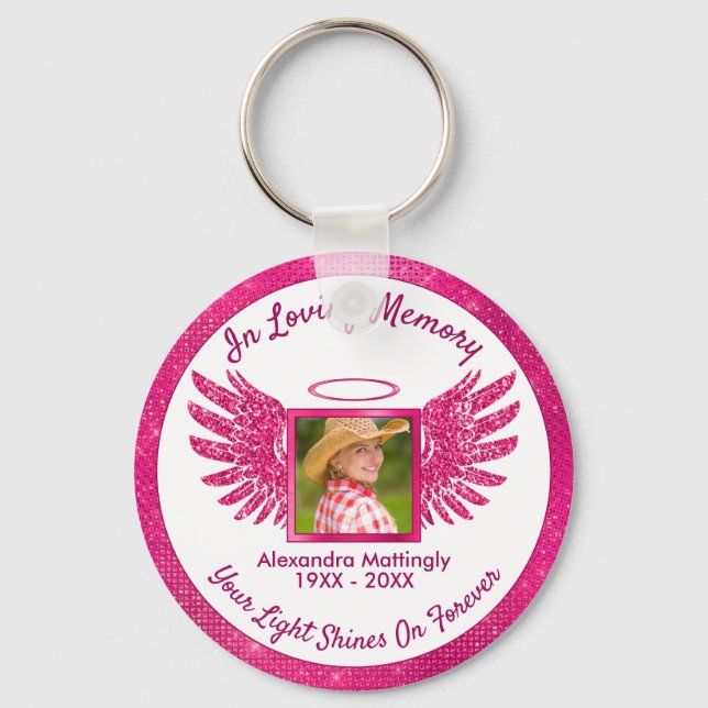 Hot Pink Angel Wings Halo Girly Photo Memorial Key Keychain (Front)