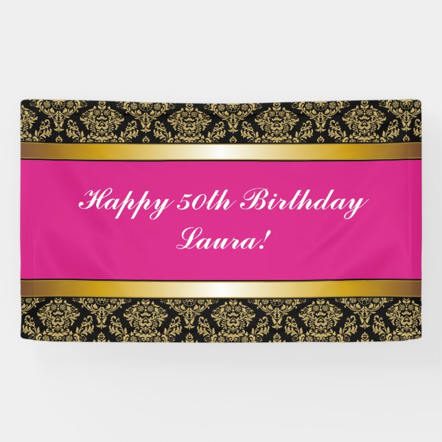Hot Pink Any Age Gold Damask Birthday Banner (Horizontal)