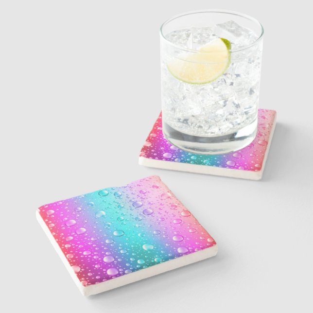 Hot Pink & Aqua Blue Gradient Water Droplets Stone Coaster (Side)
