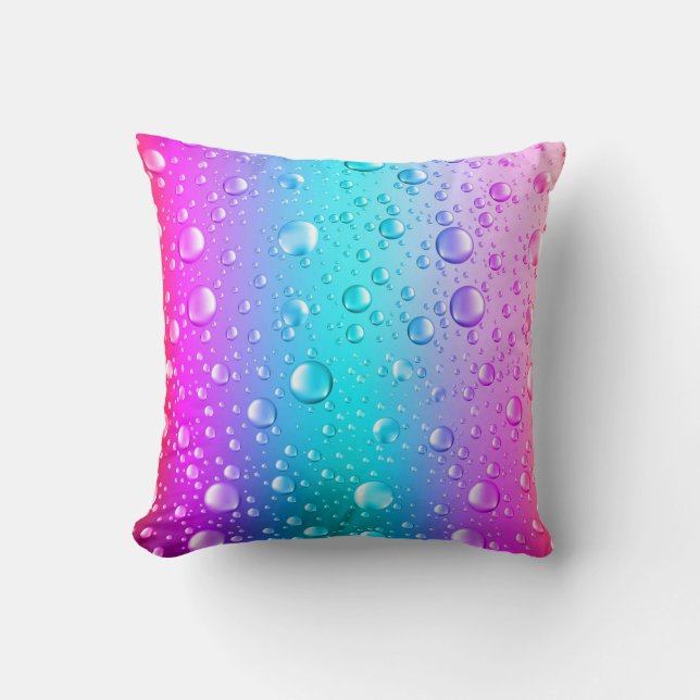 Hot Pink & Aqua Blue Gradient Water Droplets Throw Pillow (Front)