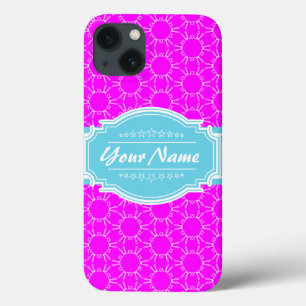 Hot Pink Aqua Floral Link Personalized iPhone 13 Case