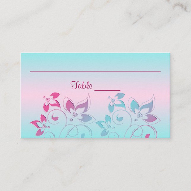 Hot Pink, Aqua Floral Place Cards (Front)
