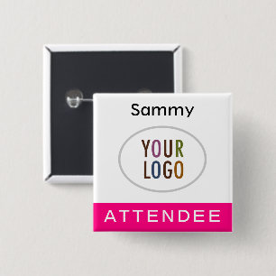Hot Pink Attendee Name Badge Logo Square Pinback 2 Inch Square Button