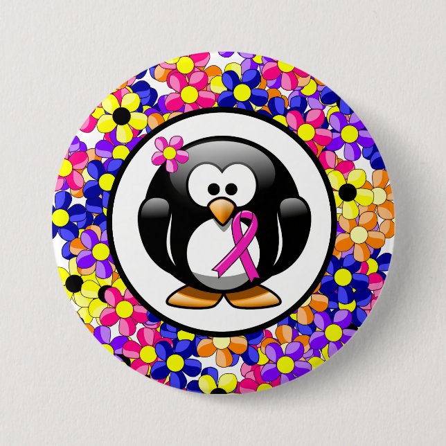 Hot Pink Awareness Ribbon Penguin 3 Inch Round Button (Front)