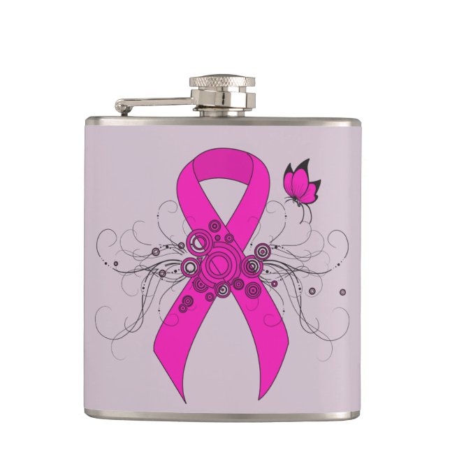 Hot Pink Awareness Ribbon with Butterfly Hip Flask (Front)