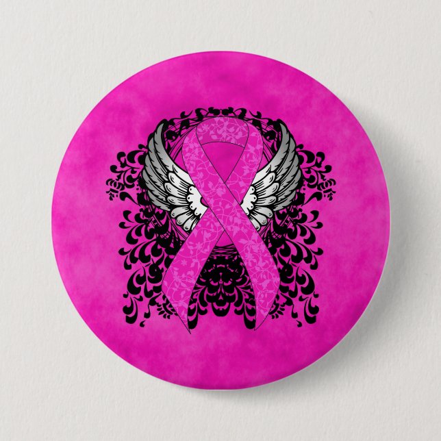 Hot Pink Awareness Ribbon with Wings 3 Inch Round Button (Front)