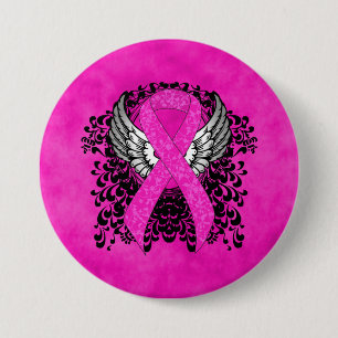 Hot Pink Awareness Ribbon with Wings 3 Inch Round Button