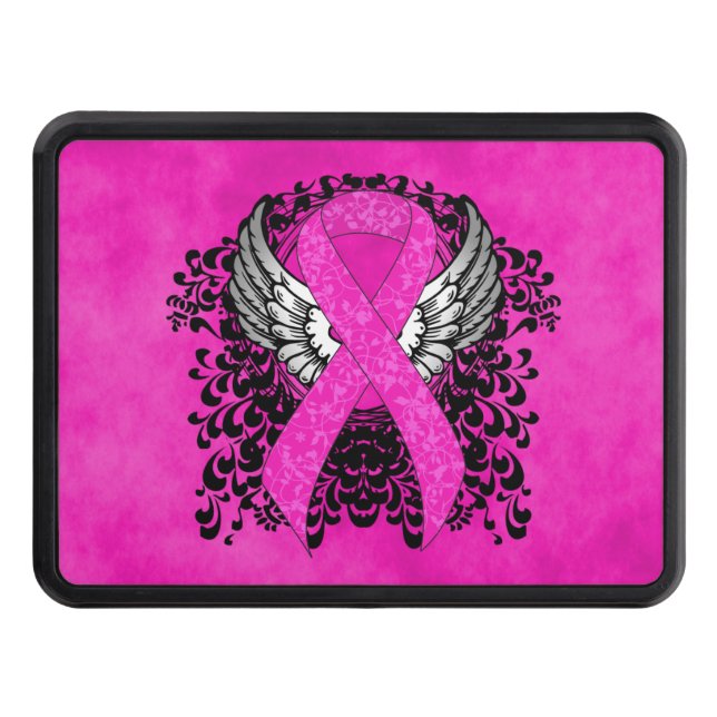 Hot Pink Awareness Ribbon with Wings Trailer Hitch Cover (Front)