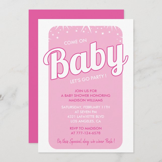 Hot pink baby shower invitations typography  (Front/Back)
