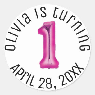 Hot Pink Balloon First Girl Birthday Modern Party Classic Round Sticker