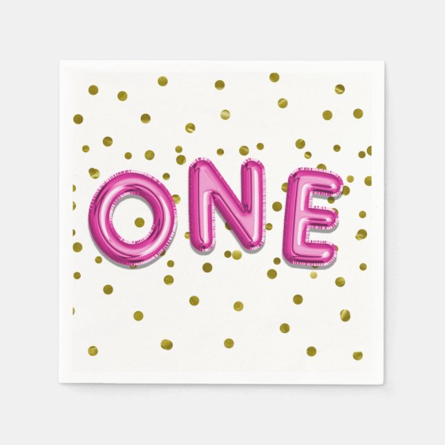 Hot Pink Balloons Gold Dots ONE 1st Birthday Party Napkin (Front)