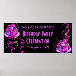 HOT PINK Banner Birthday Party Celebration Black Poster