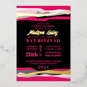 Hot Pink Bar Bat Mitzvah Invitation with Gold Foil