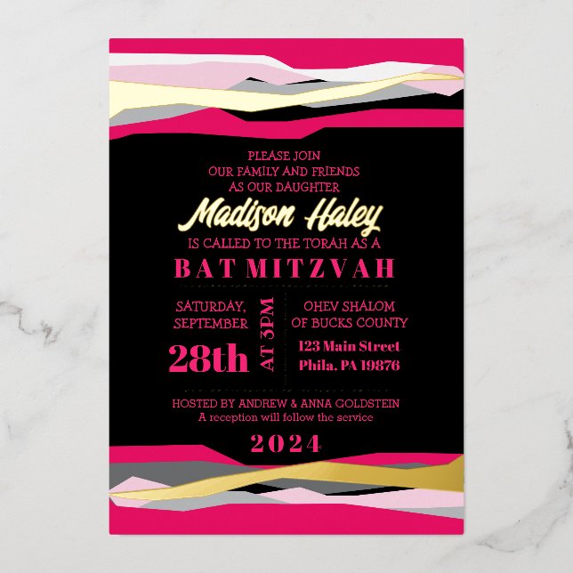 Hot Pink Bar Bat Mitzvah Invitation with Gold Foil (Front)