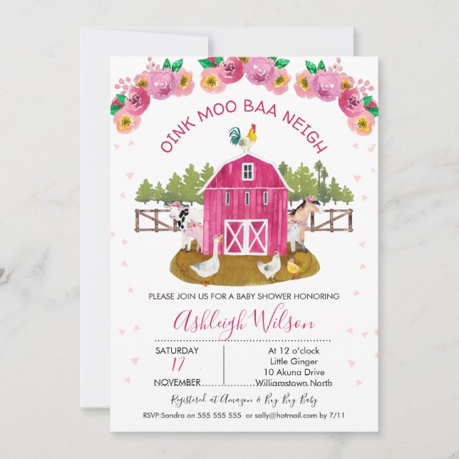 Hot Pink Barn Farm Farmyard Animals Baby Shower Invitation (Front)