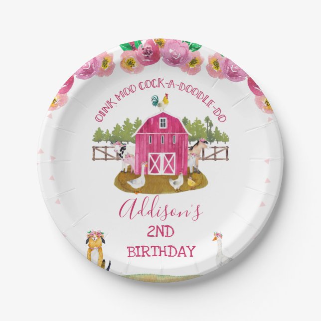 Hot Pink Barn Farm Farmyard Animals Birthday Paper Plate (Front)