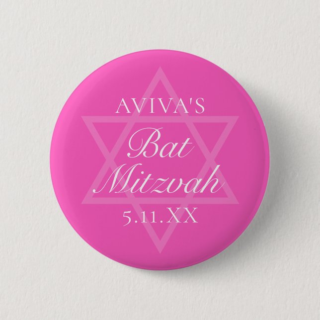 Hot Pink Bat Mitzvah Party Star of David 2 Inch Round Button (Front)