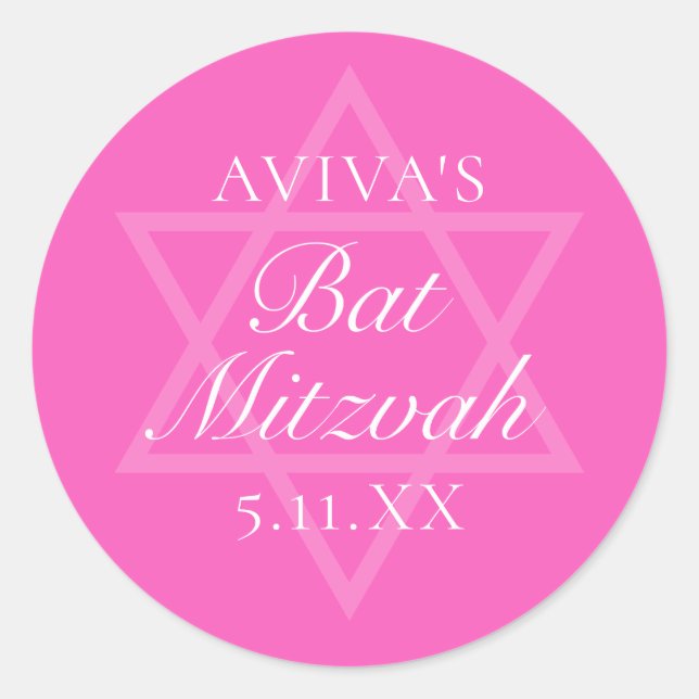 Hot Pink Bat Mitzvah Party Star of David Classic Round Sticker (Front)