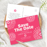 Hot Pink Bat Mitzvah Save the Date Starburst Bold Invitation Postcard<br><div class="desc">Make sure all your friends and relatives will be able to celebrate your daughter’s milestone Bat Mitzvah! Send out this fun, boho retro, personalized “Save the Date” announcement postcard. Retro white and blush pink flower starbursts with Stars of David, as well as bold modern blush pink and white sans serif...</div>
