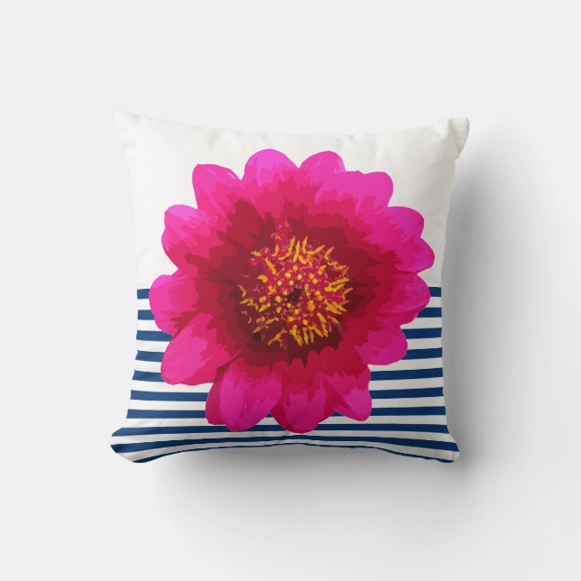 Hot Pink Beautiful Flower Navy Blue Stripes White Throw Pillow (Front)