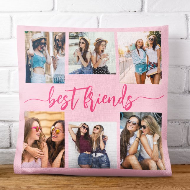 Hot Pink Best Friends 6 Photo Collage Keepsake Throw Pillow (Creator Uploaded)
