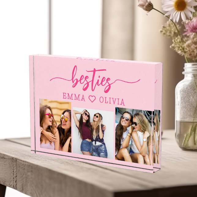 Hot Pink Besties Friends 3 Photo Collage Keepsake Block (Creator Uploaded)