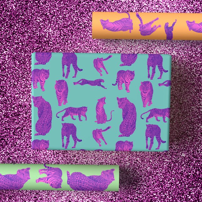 Hot Pink Big Cats in Neon Orange & Blue Background Wrapping Paper Sheet (Creator Uploaded)