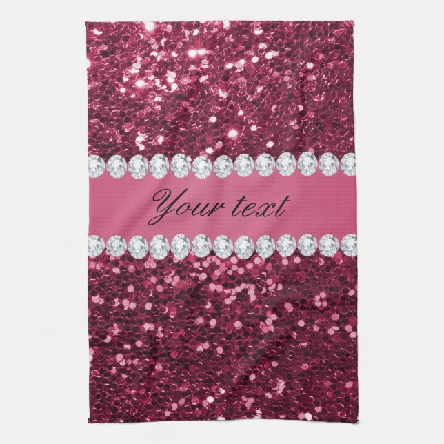 Hot Pink Big Faux Glitter and Diamonds Kitchen Towel (Vertical)
