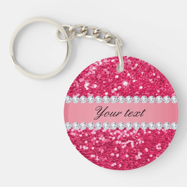 Hot Pink Big Faux Glitter with Diamonds Keychain (Front)