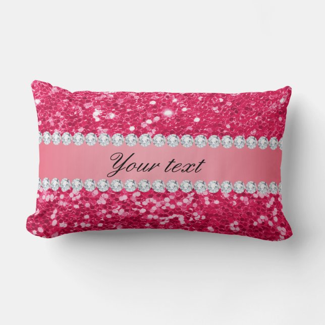 Hot Pink Big Faux Glitter with Diamonds Lumbar Pillow (Front)