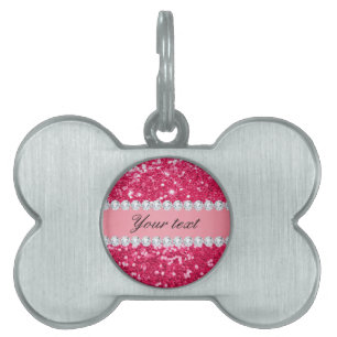 Hot Pink Big Faux Glitter with Diamonds Pet Name Tag