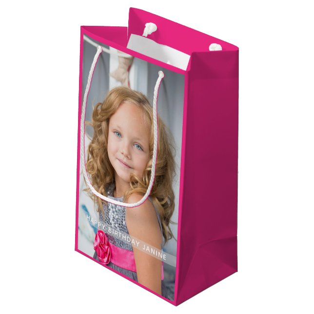 Hot Pink Birthday Photo Custom Small Gift Bag (Back Angled)